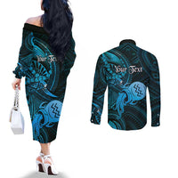 Personalised Polynesia Zodiac Aquarius Couples Matching Off The Shoulder Long Sleeve Dress and Long Sleeve Button Shirt Galaxy Polynesian Pattern Chest Tattoo Style