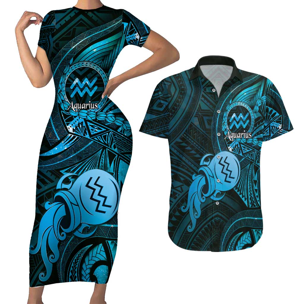 Personalised Polynesia Zodiac Aquarius Couples Matching Short Sleeve Bodycon Dress and Hawaiian Shirt Galaxy Polynesian Pattern Chest Tattoo Style