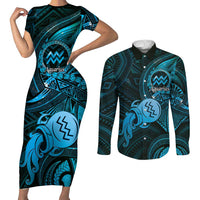 Personalised Polynesia Zodiac Aquarius Couples Matching Short Sleeve Bodycon Dress and Long Sleeve Button Shirt Galaxy Polynesian Pattern Chest Tattoo Style