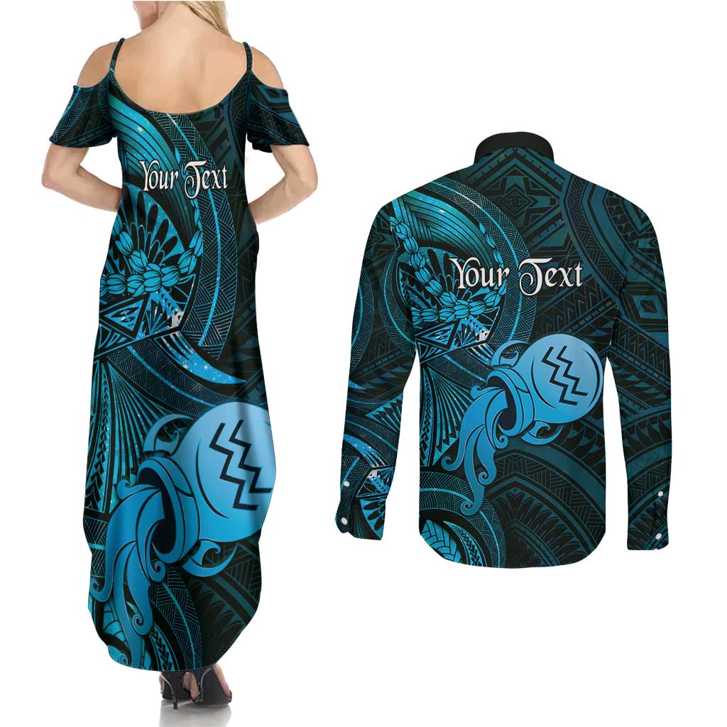 Personalised Polynesia Zodiac Aquarius Couples Matching Summer Maxi Dress and Long Sleeve Button Shirt Galaxy Polynesian Pattern Chest Tattoo Style