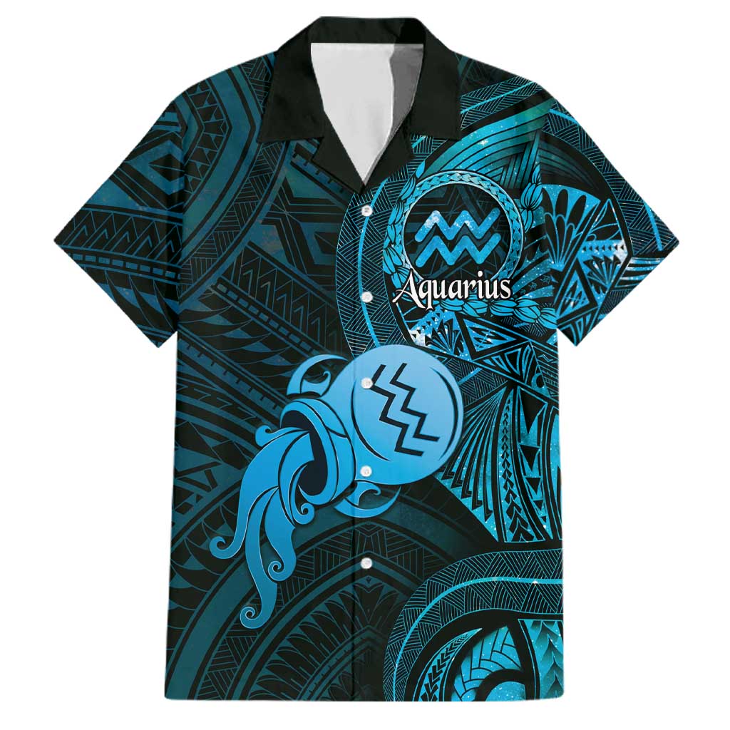 Personalised Polynesia Zodiac Aquarius Family Matching Long Sleeve Bodycon Dress and Hawaiian Shirt Galaxy Polynesian Pattern Chest Tattoo Style LT14 Dad's Shirt - Short Sleeve Blue - Polynesian Pride