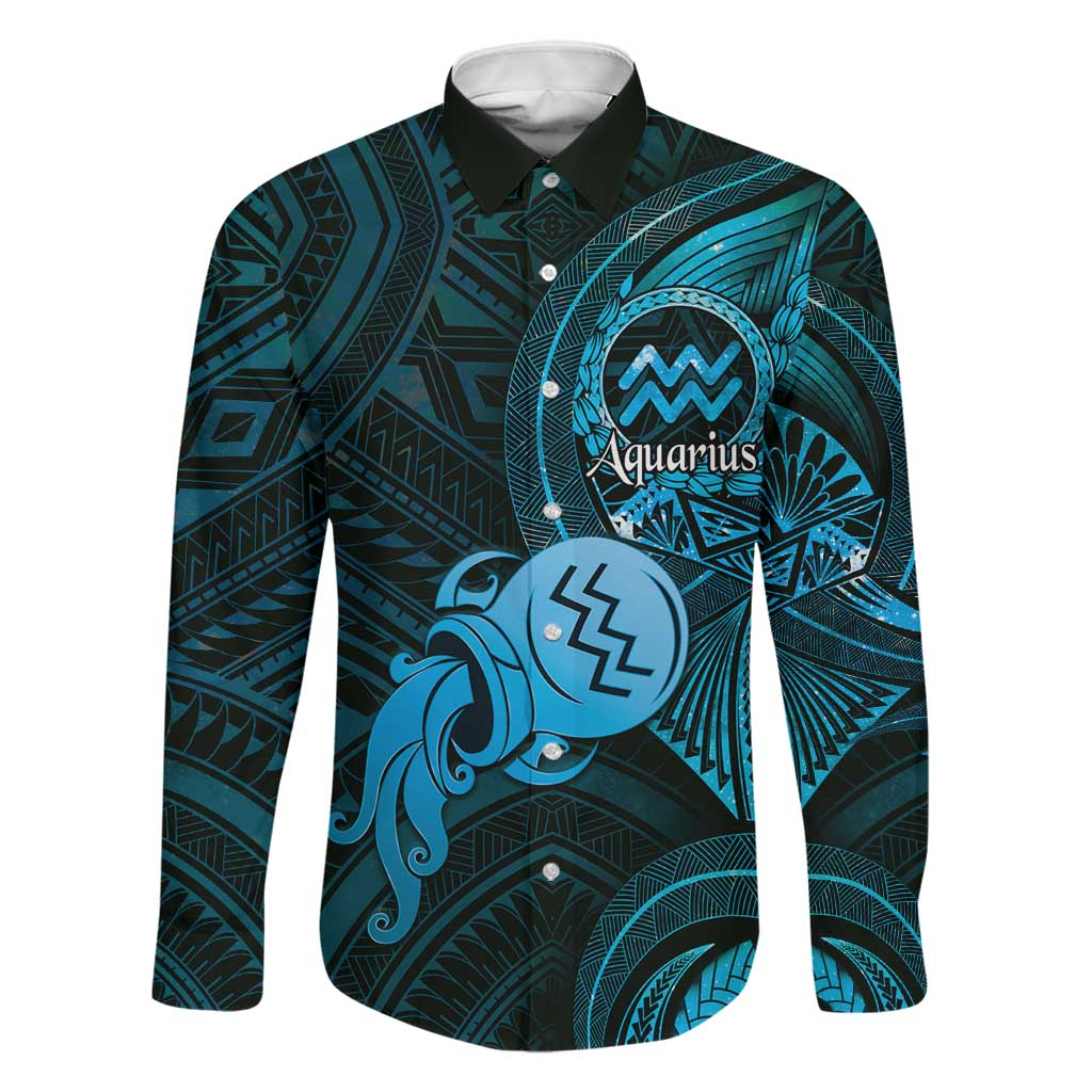 Personalised Polynesia Zodiac Aquarius Family Matching Mermaid Dress and Hawaiian Shirt Galaxy Polynesian Pattern Chest Tattoo Style LT14 Dad's Shirt - Long Sleeve Blue - Polynesian Pride