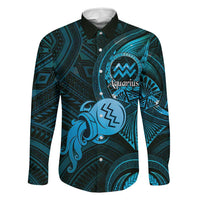 Personalised Polynesia Zodiac Aquarius Family Matching Off The Shoulder Long Sleeve Dress and Hawaiian Shirt Galaxy Polynesian Pattern Chest Tattoo Style LT14 Dad's Shirt - Long Sleeve Blue - Polynesian Pride