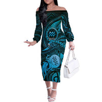 Personalised Polynesia Zodiac Aquarius Family Matching Off The Shoulder Long Sleeve Dress and Hawaiian Shirt Galaxy Polynesian Pattern Chest Tattoo Style LT14 Mom's Dress Blue - Polynesian Pride