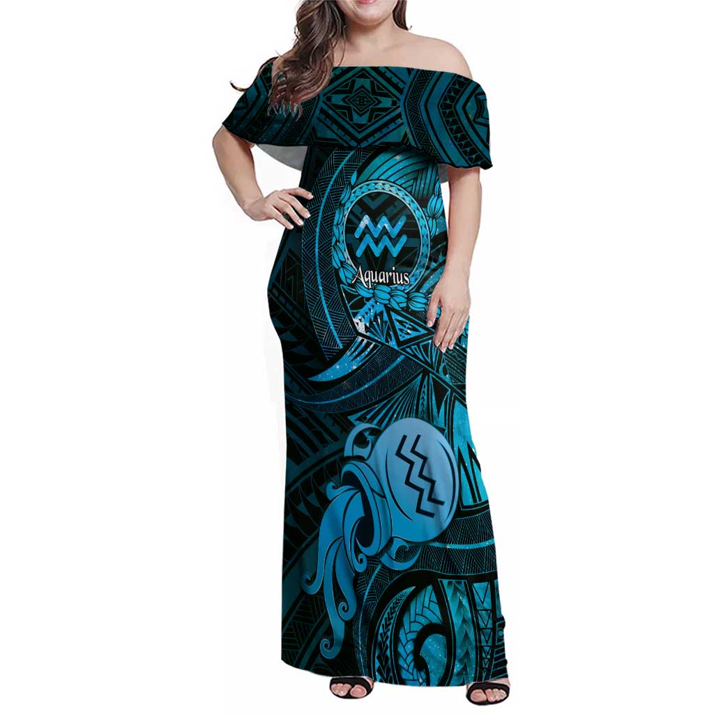 Personalised Polynesia Zodiac Aquarius Family Matching Off Shoulder Maxi Dress and Hawaiian Shirt Galaxy Polynesian Pattern Chest Tattoo Style LT14 Mom's Dress Blue - Polynesian Pride