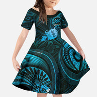 Personalised Polynesia Zodiac Aquarius Family Matching Summer Maxi Dress and Hawaiian Shirt Galaxy Polynesian Pattern Chest Tattoo Style LT14 Daughter's Dress Blue - Polynesian Pride