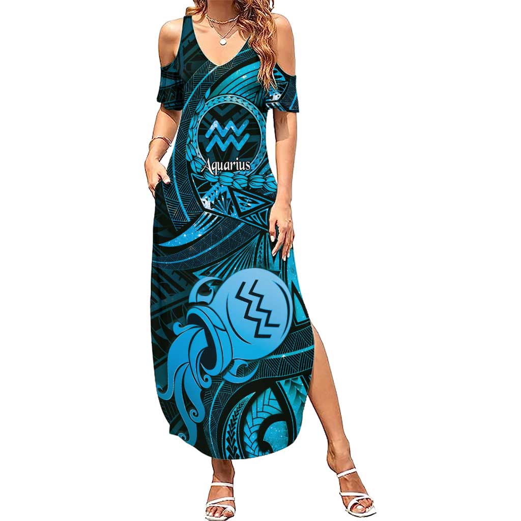 Personalised Polynesia Zodiac Aquarius Family Matching Summer Maxi Dress and Hawaiian Shirt Galaxy Polynesian Pattern Chest Tattoo Style LT14 Mom's Dress Blue - Polynesian Pride