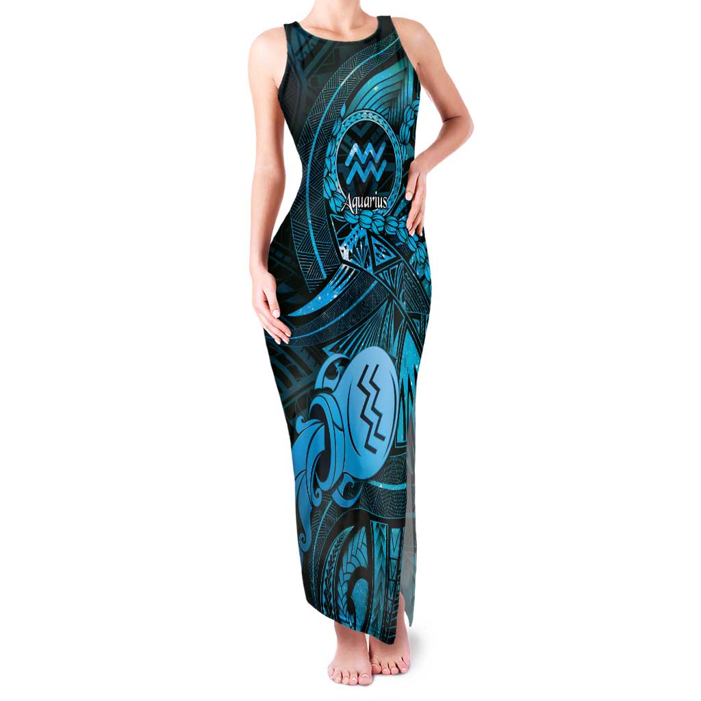 Personalised Polynesia Zodiac Aquarius Family Matching Tank Maxi Dress and Hawaiian Shirt Galaxy Polynesian Pattern Chest Tattoo Style LT14 Mom's Dress Blue - Polynesian Pride