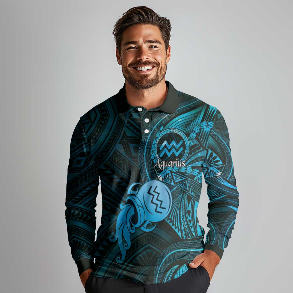 Personalised Polynesia Zodiac Aquarius Long Sleeve Polo Shirt Galaxy Polynesian Pattern Chest Tattoo Style