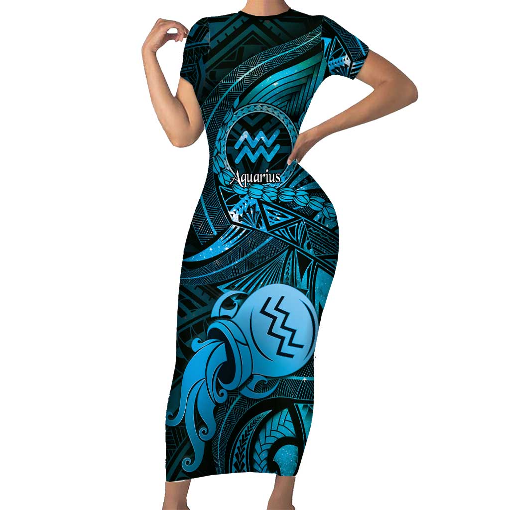Personalised Polynesia Zodiac Aquarius Short Sleeve Bodycon Dress Galaxy Polynesian Pattern Chest Tattoo Style