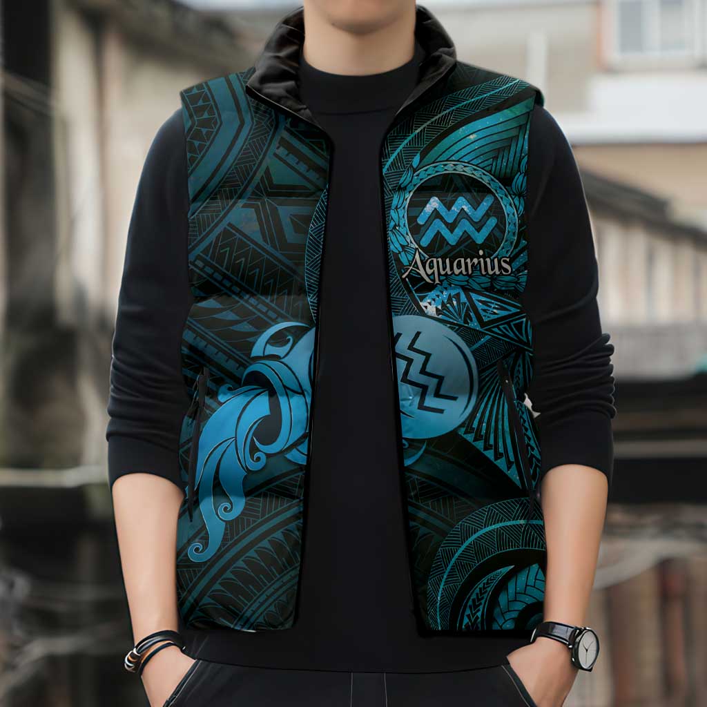 Personalised Polynesia Zodiac Aquarius Sleeveless Puffer Jacket Galaxy Polynesian Pattern Chest Tattoo Style