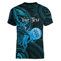 Personalised Polynesia Zodiac Aquarius Women V-Neck T-Shirt Galaxy Polynesian Pattern Chest Tattoo Style
