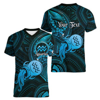Personalised Polynesia Zodiac Aquarius Women V-Neck T-Shirt Galaxy Polynesian Pattern Chest Tattoo Style