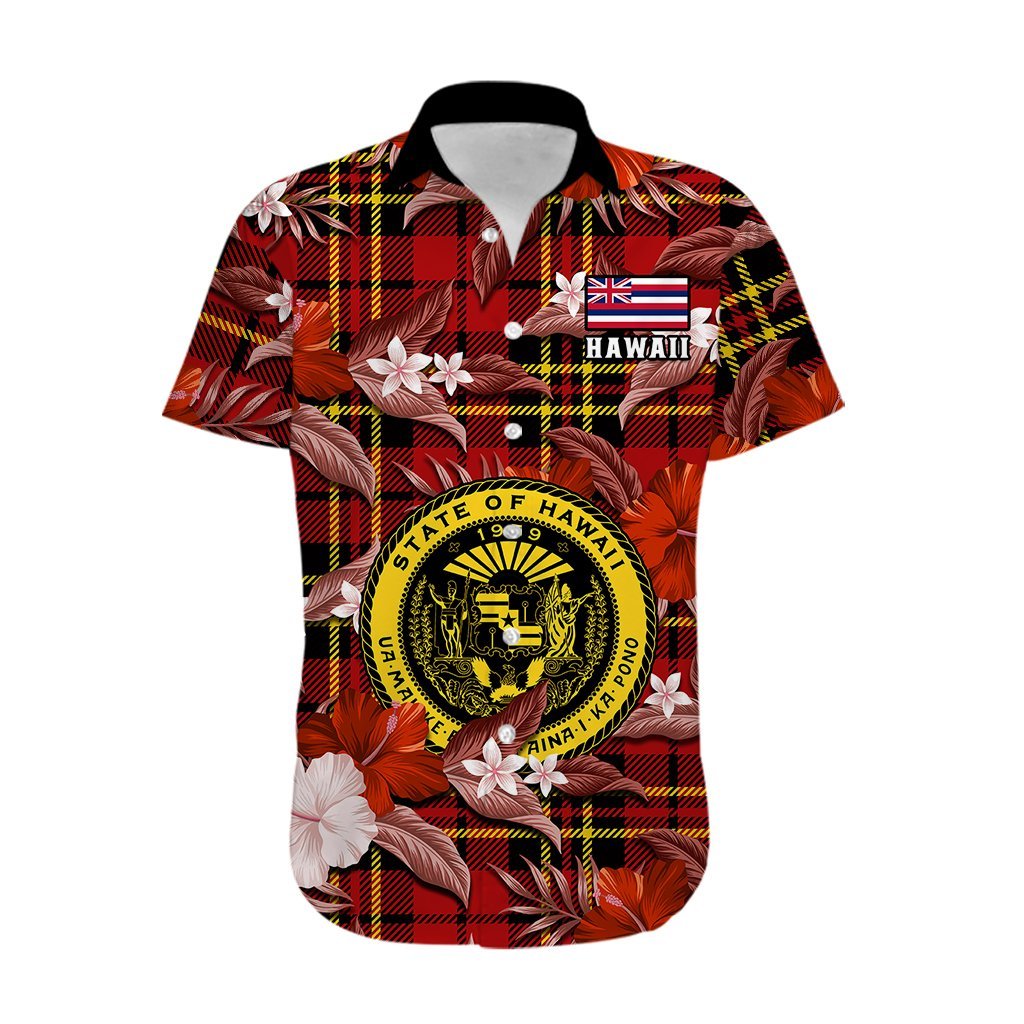 (Custom Personalised) Hawaii State Hawaiian Shirt Tropical Flowers Mix Tartan Red Version LT14 - Polynesian Pride