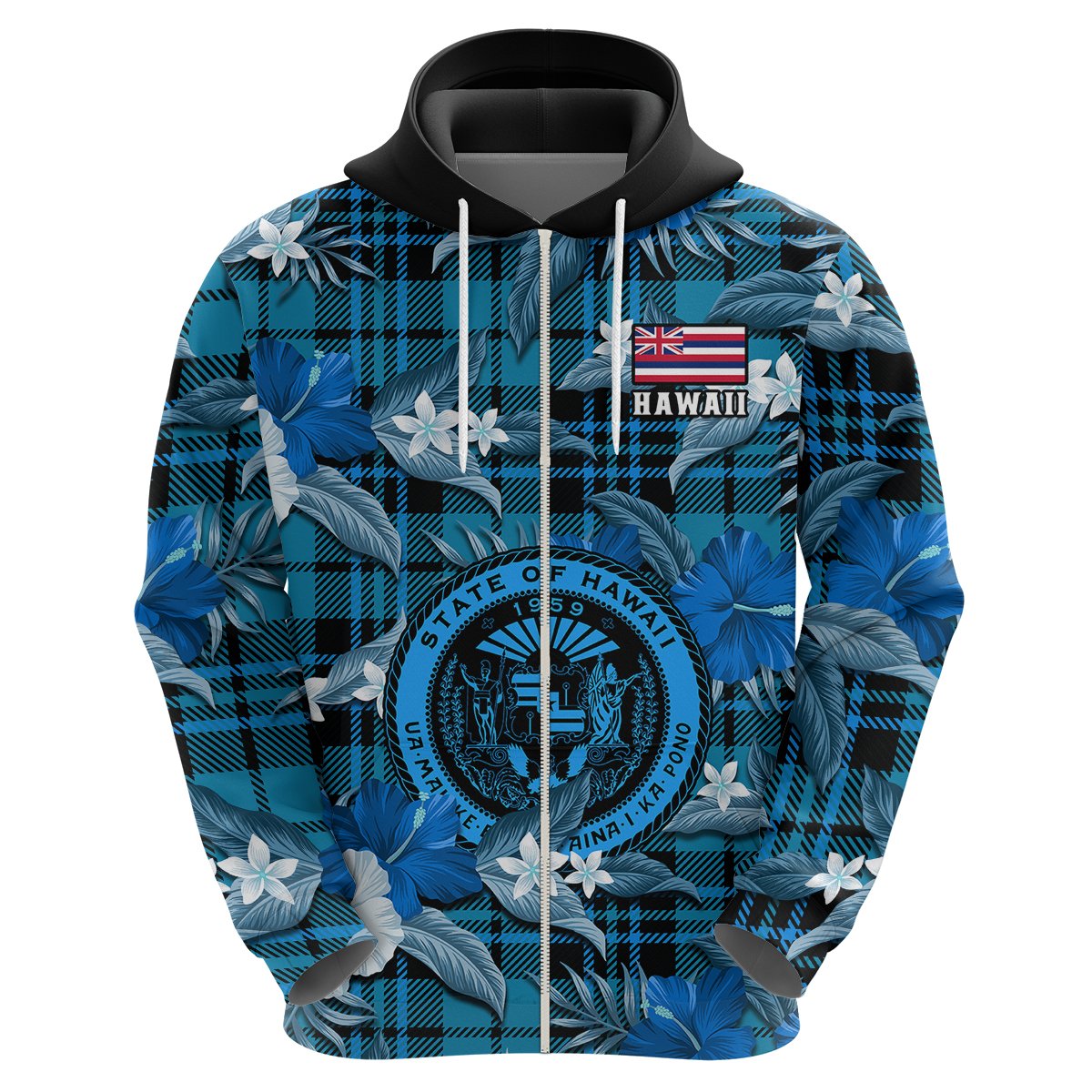 Hawaii State Hoodie Tropical Flowers Mix Tartan Blue Version LT14 - Polynesian Pride