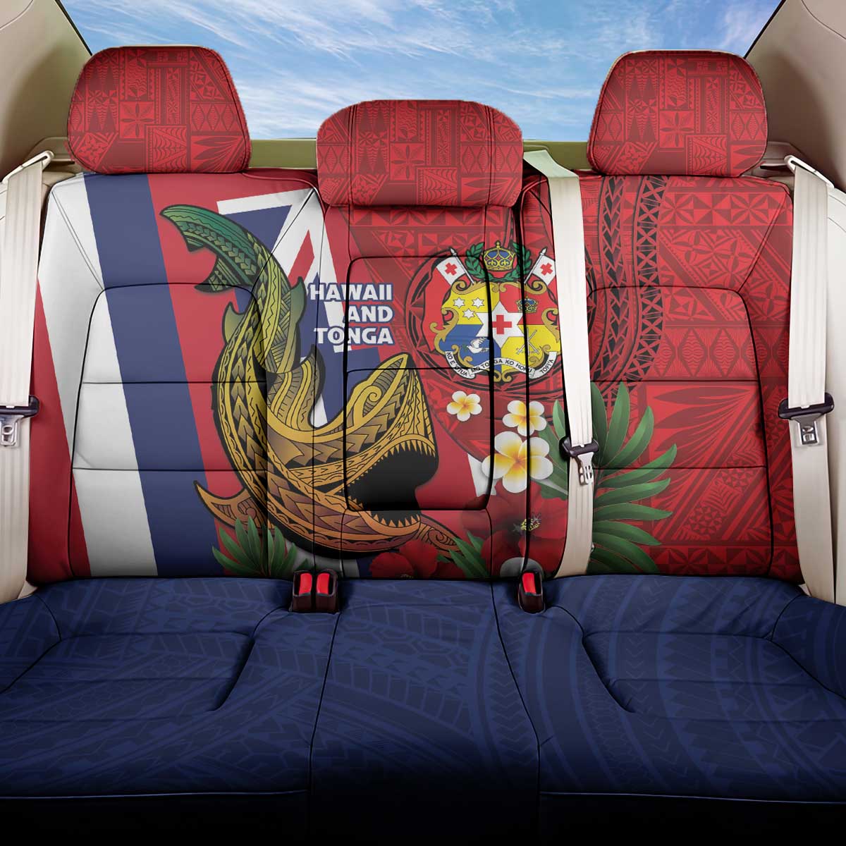 Hawaii And Tonga Back Car Seat Cover Shark Tattoo With Tongan Coat Of Arms LT14 One Size Red - Polynesian Pride