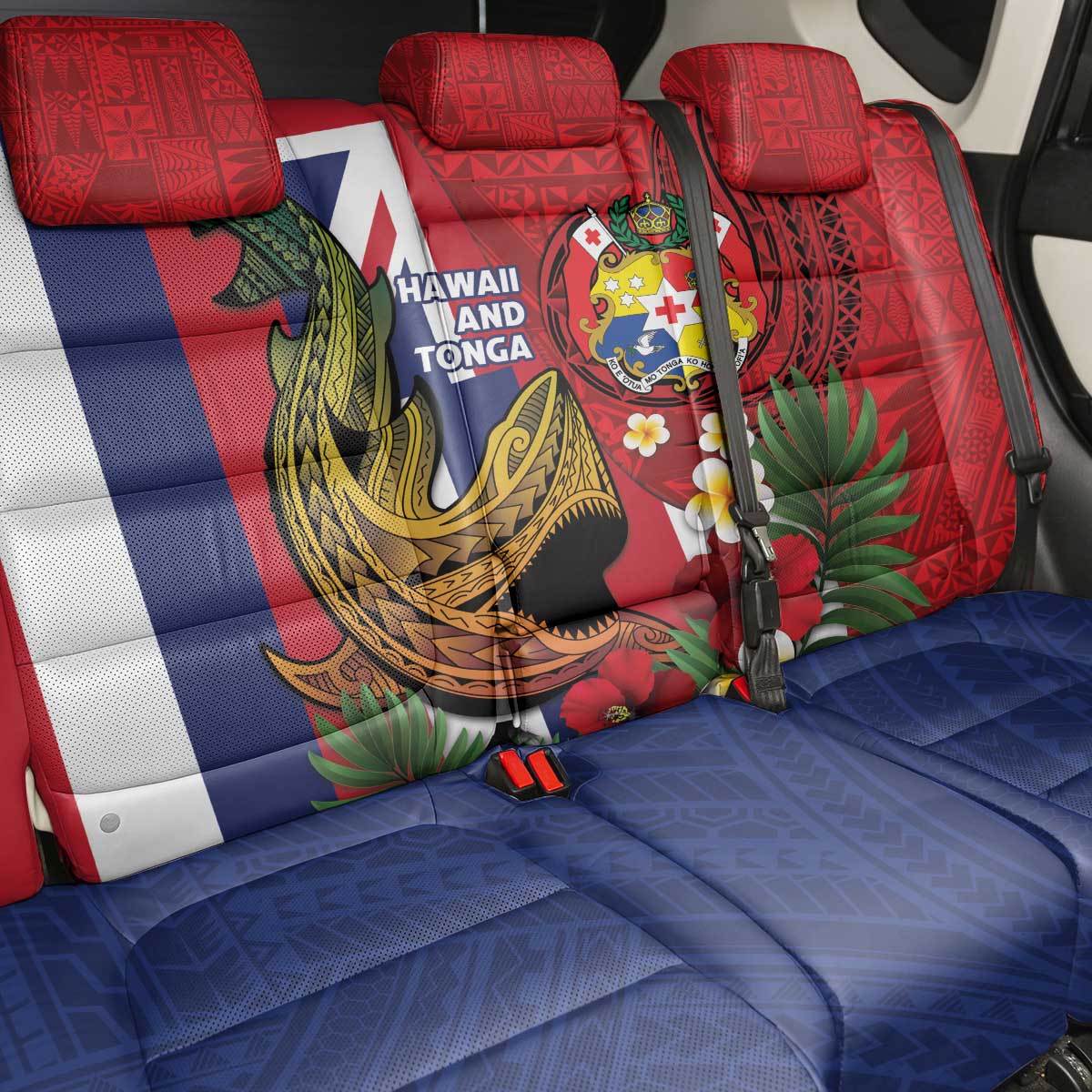 Hawaii And Tonga Back Car Seat Cover Shark Tattoo With Tongan Coat Of Arms LT14 - Polynesian Pride
