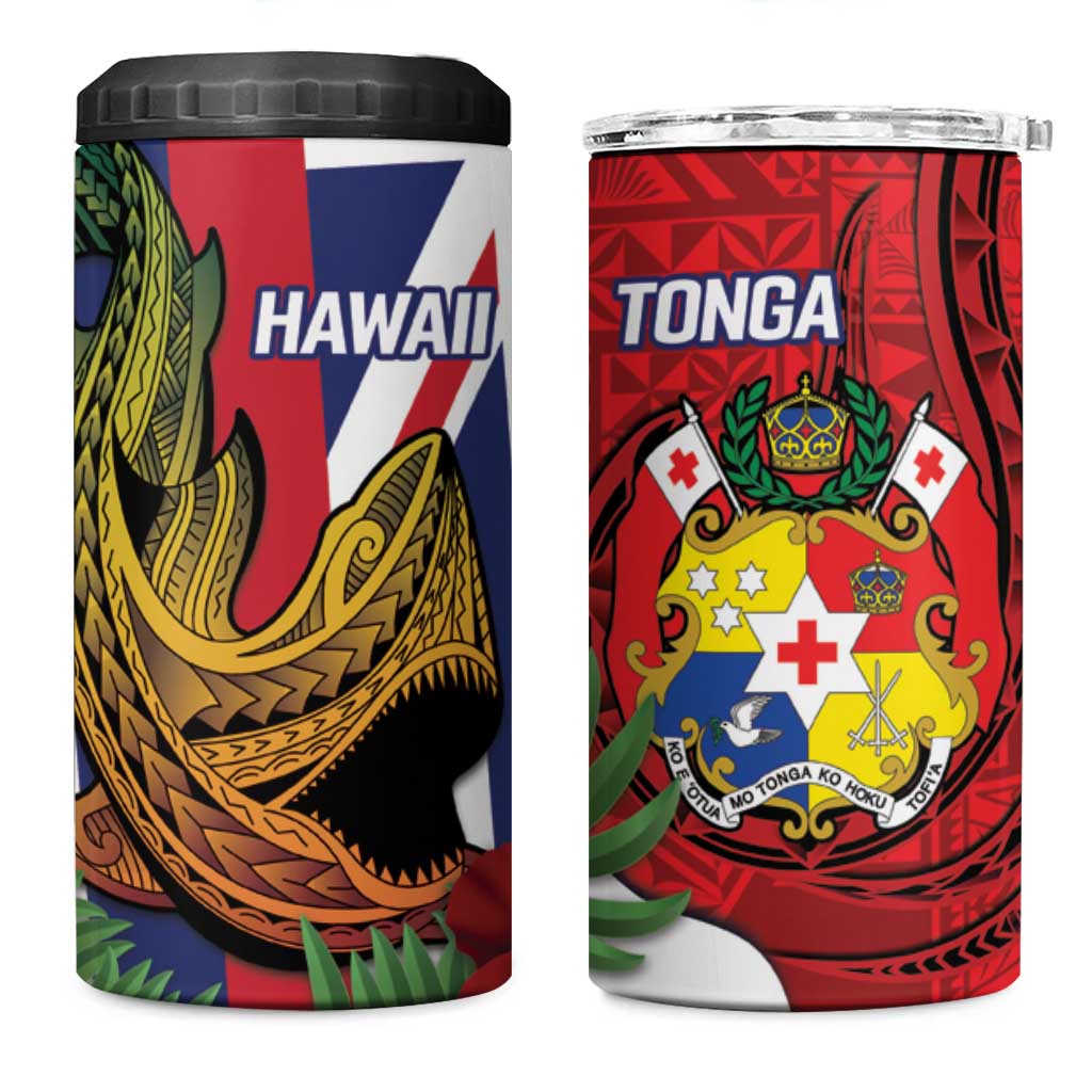 Hawaii And Tonga 4 in 1 Can Cooler Tumbler Shark Tattoo With Tongan Coat Of Arms LT14 One Size: 16 oz Red - Polynesian Pride