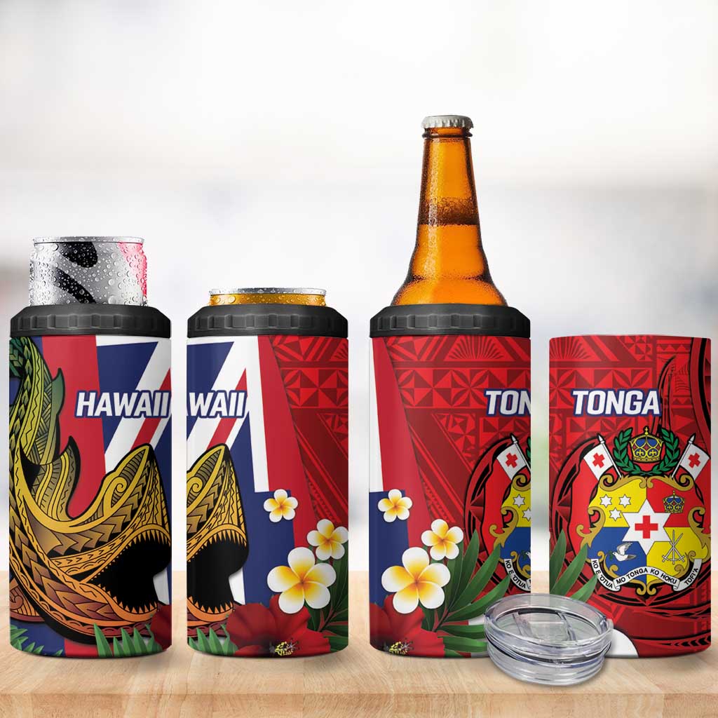 Hawaii And Tonga 4 in 1 Can Cooler Tumbler Shark Tattoo With Tongan Coat Of Arms LT14 - Polynesian Pride