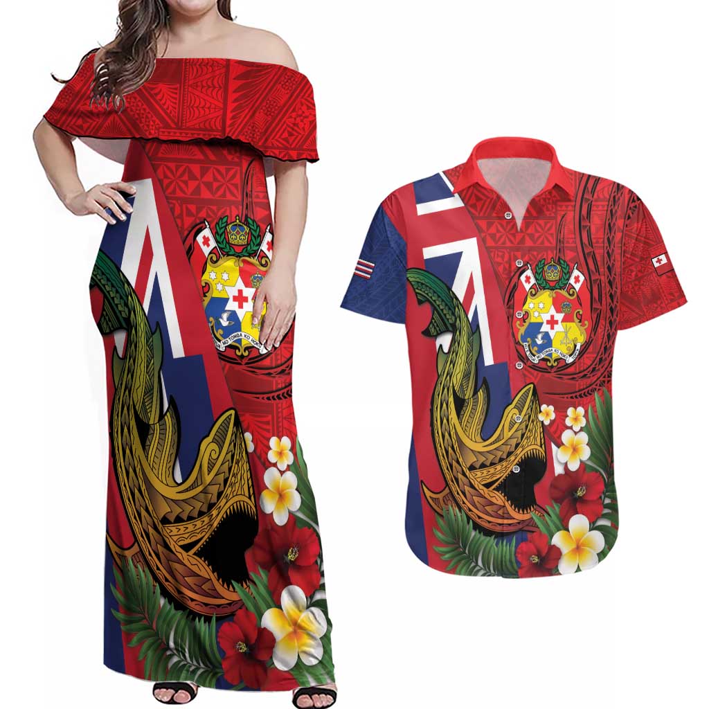 Hawaii And Tonga Couples Matching Off Shoulder Maxi Dress and Hawaiian Shirt Shark Tattoo With Tongan Coat Of Arms LT14 Red - Polynesian Pride