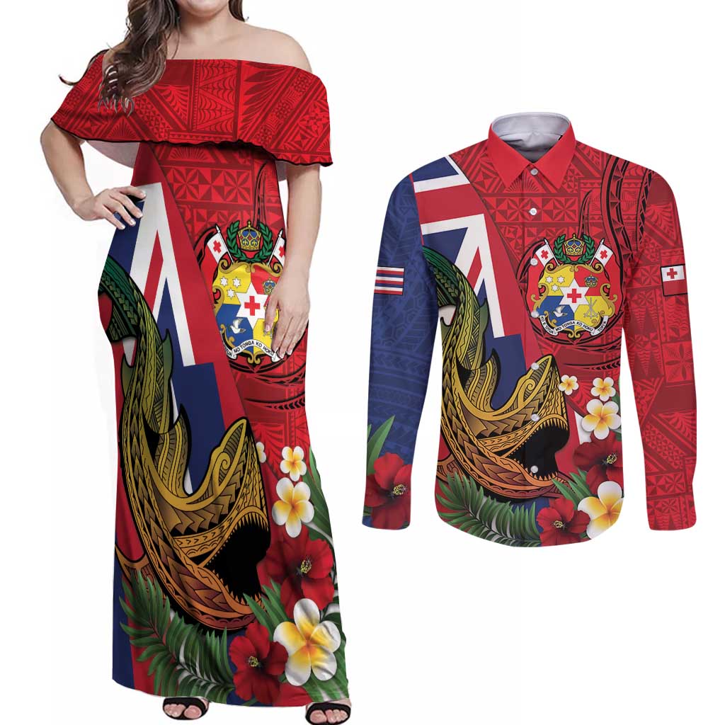Hawaii And Tonga Couples Matching Off Shoulder Maxi Dress and Long Sleeve Button Shirt Shark Tattoo With Tongan Coat Of Arms LT14 Red - Polynesian Pride