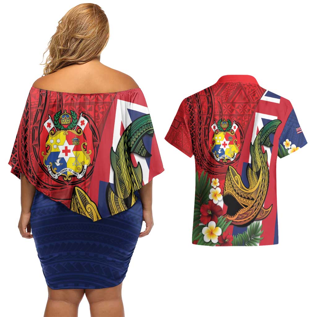 Hawaii And Tonga Couples Matching Off Shoulder Short Dress and Hawaiian Shirt Shark Tattoo With Tongan Coat Of Arms LT14 - Polynesian Pride