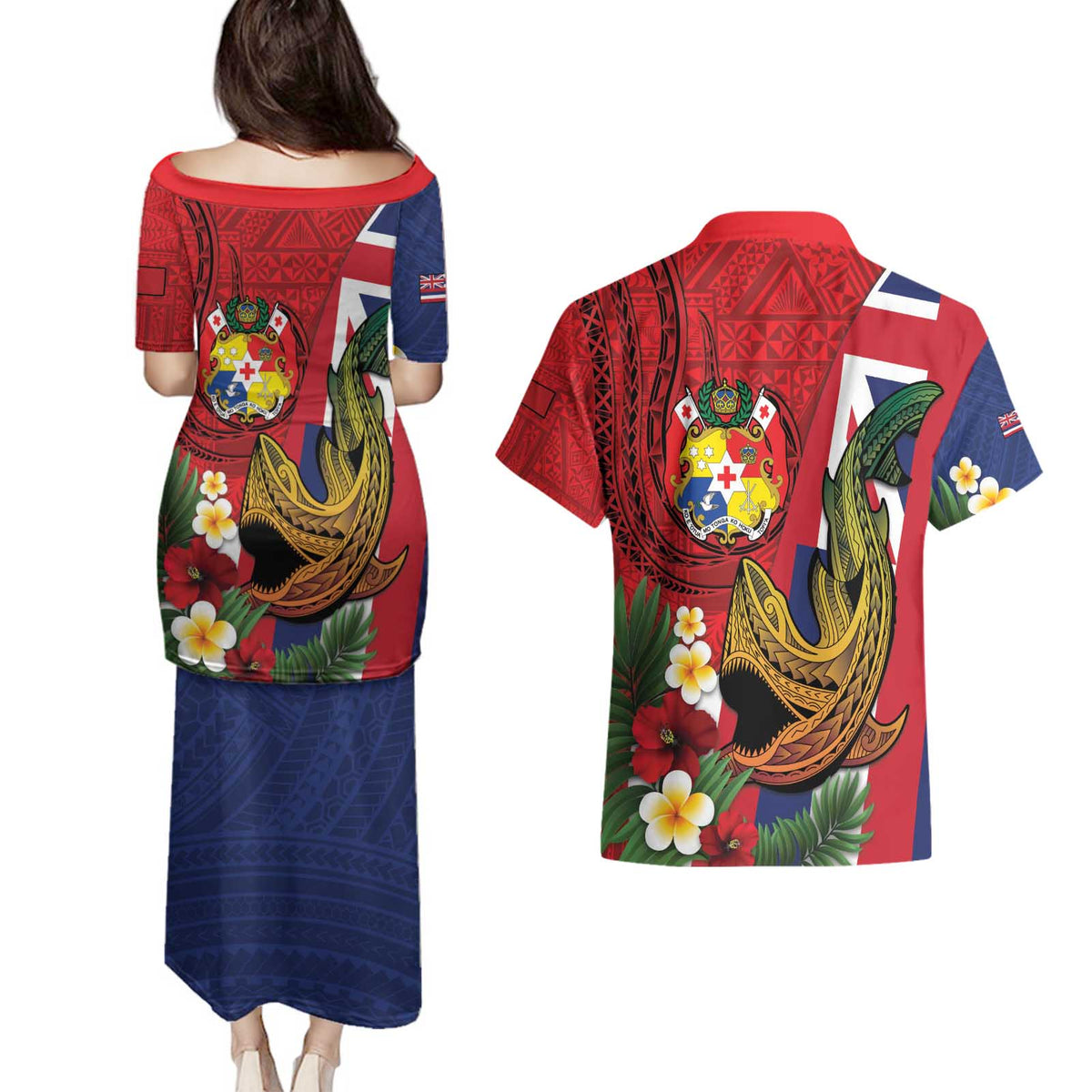 Hawaii And Tonga Couples Matching Puletasi and Hawaiian Shirt Shark Tattoo With Tongan Coat Of Arms LT14 - Polynesian Pride