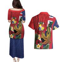 Hawaii And Tonga Couples Matching Puletasi and Hawaiian Shirt Shark Tattoo With Tongan Coat Of Arms LT14 - Polynesian Pride