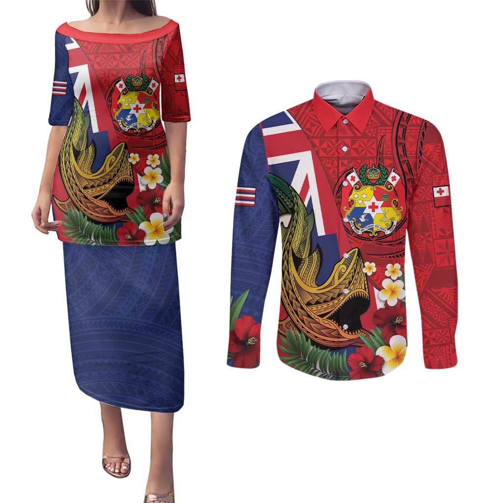 Hawaii And Tonga Couples Matching Puletasi and Long Sleeve Button Shirt Shark Tattoo With Tongan Coat Of Arms LT14 Red - Polynesian Pride