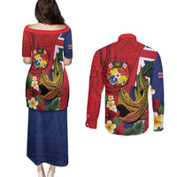 Hawaii And Tonga Couples Matching Puletasi and Long Sleeve Button Shirt Shark Tattoo With Tongan Coat Of Arms LT14 - Polynesian Pride