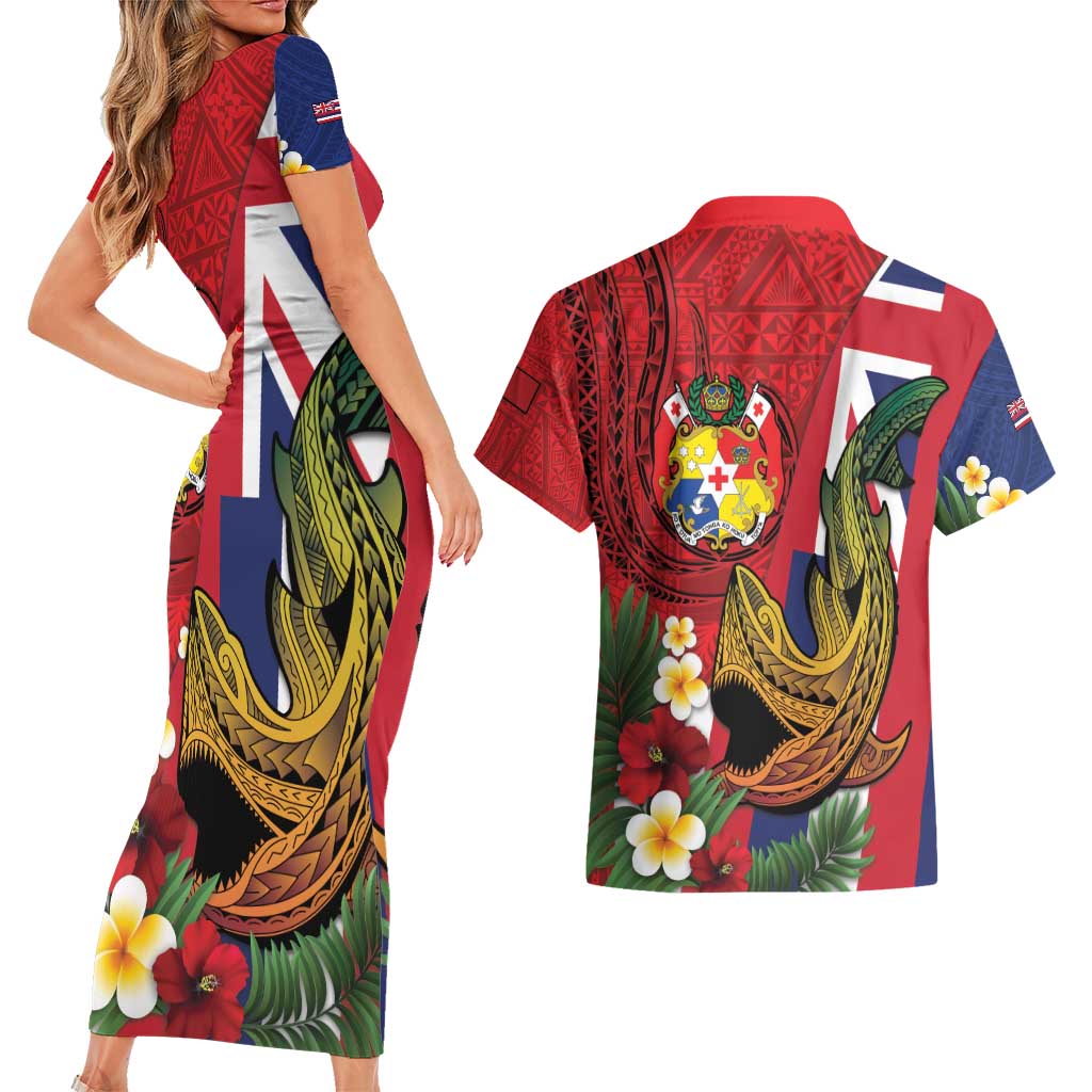 Hawaii And Tonga Couples Matching Short Sleeve Bodycon Dress and Hawaiian Shirt Shark Tattoo With Tongan Coat Of Arms