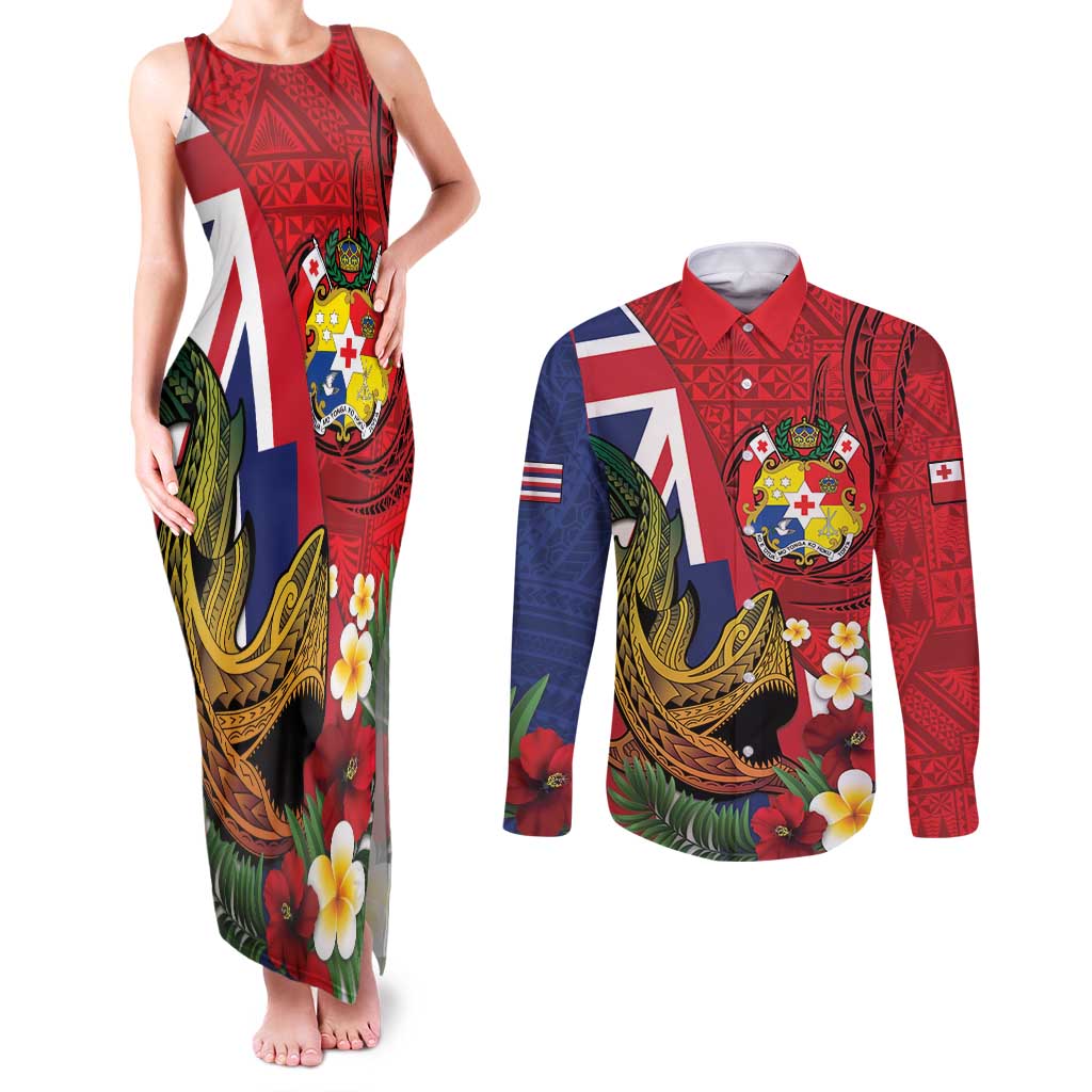 Hawaii And Tonga Couples Matching Tank Maxi Dress and Long Sleeve Button Shirt Shark Tattoo With Tongan Coat Of Arms