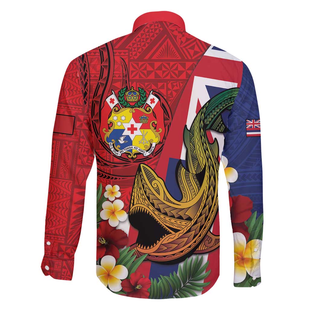 Hawaii And Tonga Family Matching Long Sleeve Bodycon Dress and Hawaiian Shirt Shark Tattoo With Tongan Coat Of Arms