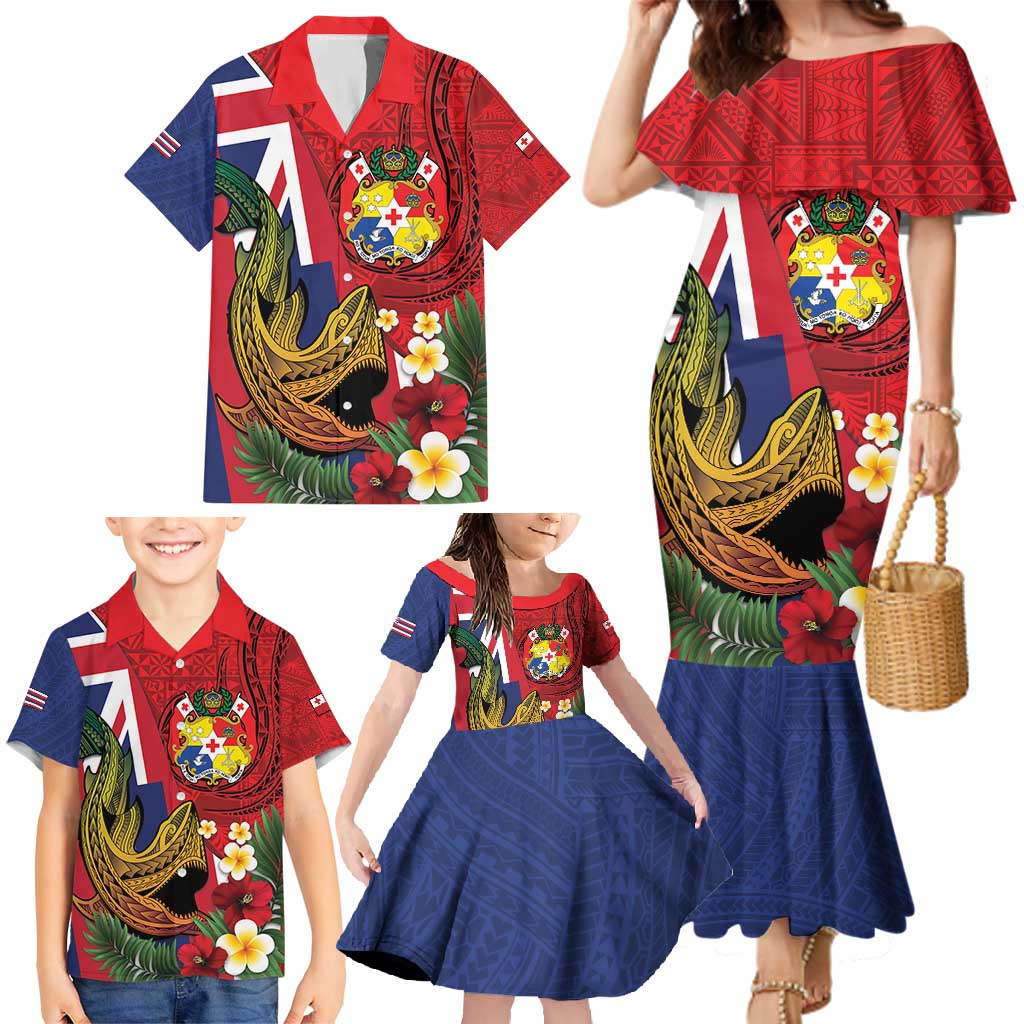 Hawaii And Tonga Family Matching Mermaid Dress and Hawaiian Shirt Shark Tattoo With Tongan Coat Of Arms LT14 - Polynesian Pride