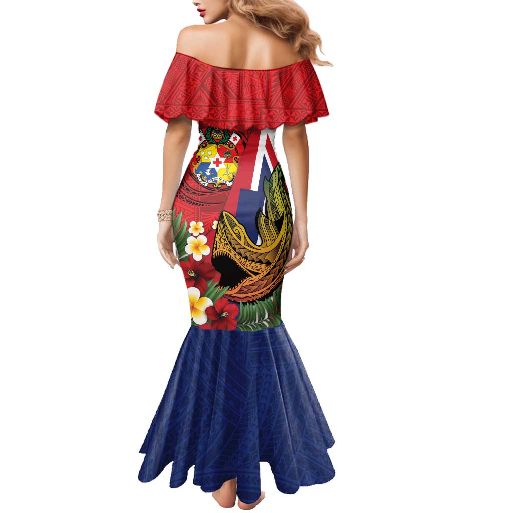 Hawaii And Tonga Family Matching Mermaid Dress and Hawaiian Shirt Shark Tattoo With Tongan Coat Of Arms LT14 - Polynesian Pride