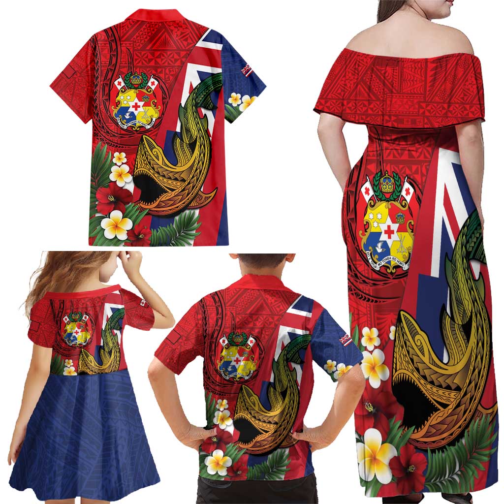 Hawaii And Tonga Family Matching Off Shoulder Maxi Dress and Hawaiian Shirt Shark Tattoo With Tongan Coat Of Arms LT14 - Polynesian Pride