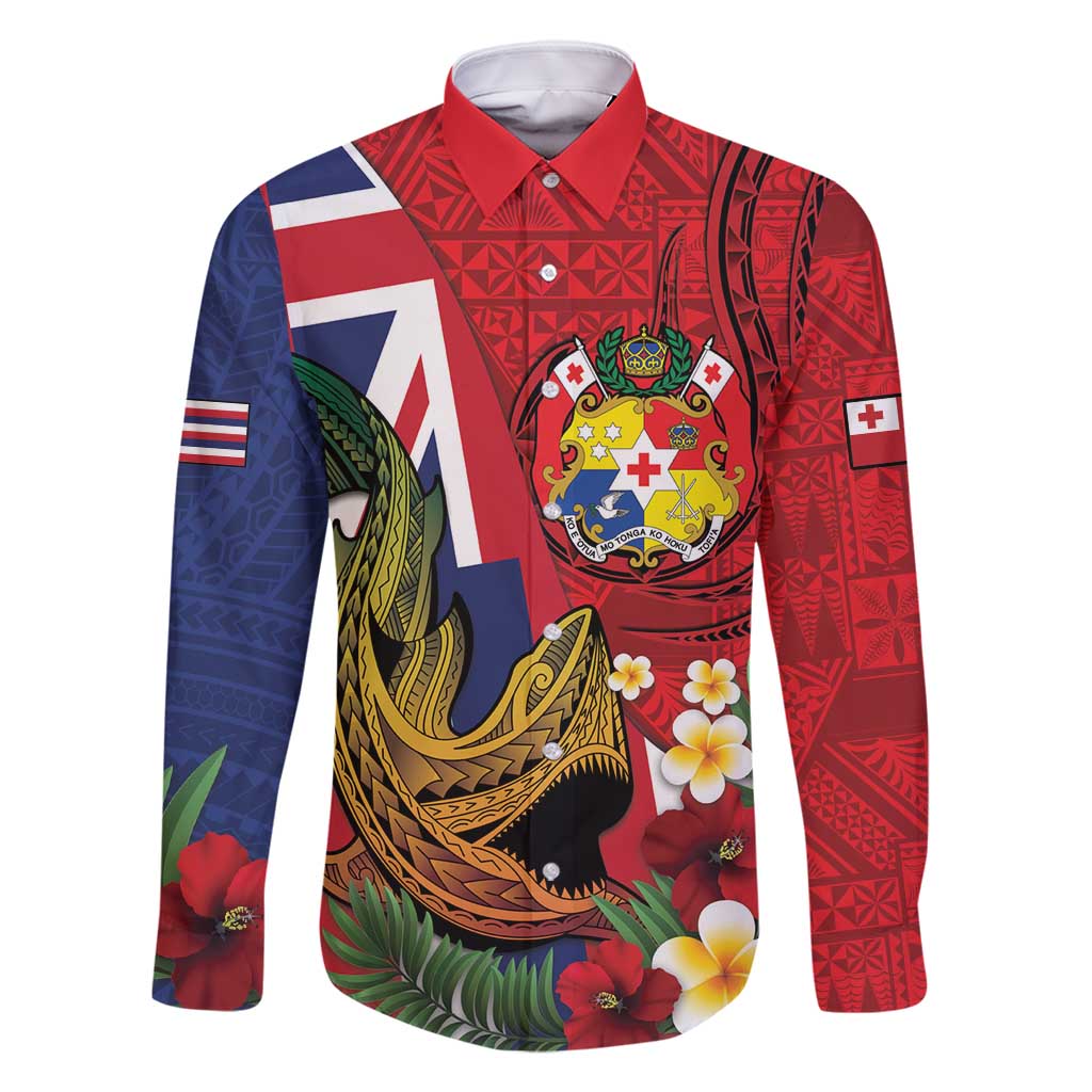 Hawaii And Tonga Family Matching Off Shoulder Maxi Dress and Hawaiian Shirt Shark Tattoo With Tongan Coat Of Arms LT14 Dad's Shirt - Long Sleeve Red - Polynesian Pride
