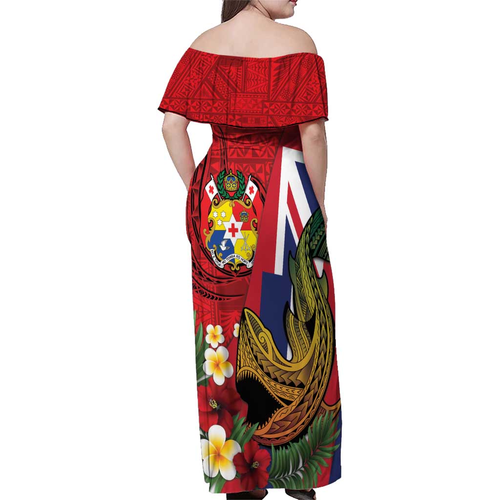 Hawaii And Tonga Family Matching Off Shoulder Maxi Dress and Hawaiian Shirt Shark Tattoo With Tongan Coat Of Arms LT14 - Polynesian Pride