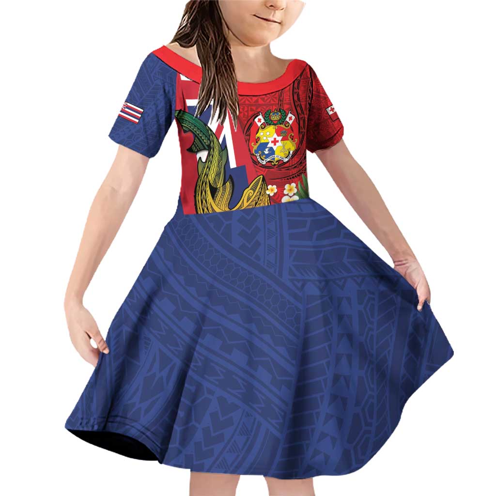 Hawaii And Tonga Family Matching Off Shoulder Short Dress and Hawaiian Shirt Shark Tattoo With Tongan Coat Of Arms LT14 Daughter's Dress Red - Polynesian Pride