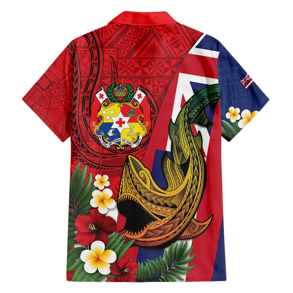 Hawaii And Tonga Family Matching Off Shoulder Short Dress and Hawaiian Shirt Shark Tattoo With Tongan Coat Of Arms LT14 - Polynesian Pride