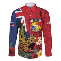 Hawaii And Tonga Family Matching Off Shoulder Short Dress and Hawaiian Shirt Shark Tattoo With Tongan Coat Of Arms LT14 Dad's Shirt - Long Sleeve Red - Polynesian Pride