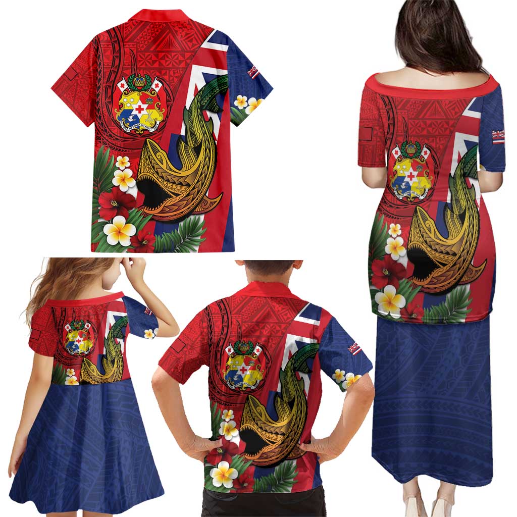 Hawaii And Tonga Family Matching Puletasi and Hawaiian Shirt Shark Tattoo With Tongan Coat Of Arms LT14 - Polynesian Pride