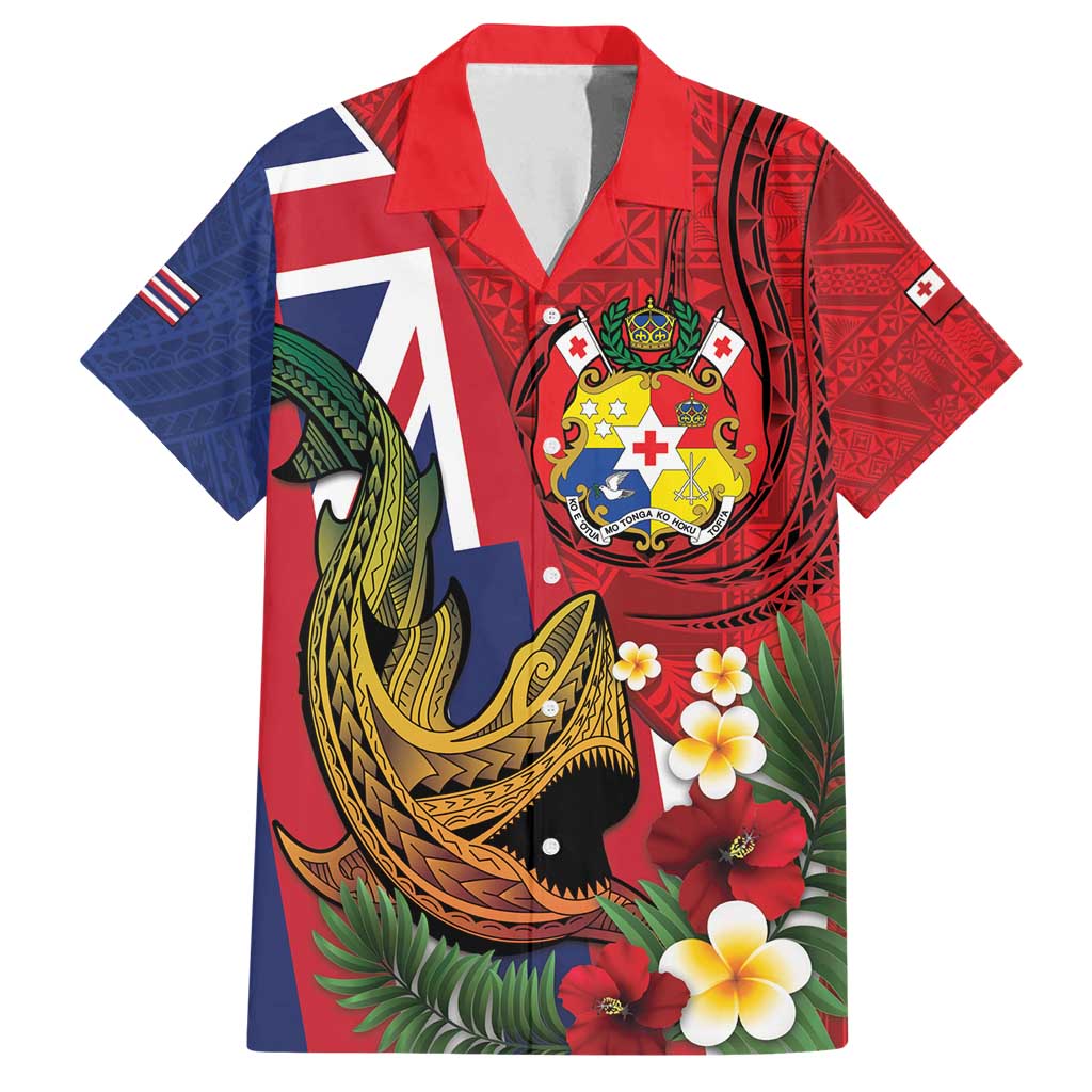 Hawaii And Tonga Family Matching Puletasi and Hawaiian Shirt Shark Tattoo With Tongan Coat Of Arms LT14 Dad's Shirt - Short Sleeve Red - Polynesian Pride