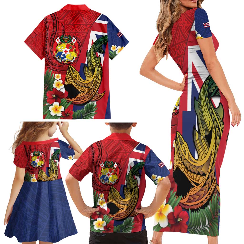 Hawaii And Tonga Family Matching Short Sleeve Bodycon Dress and Hawaiian Shirt Shark Tattoo With Tongan Coat Of Arms