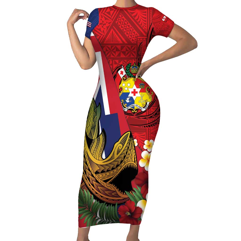 Hawaii And Tonga Family Matching Short Sleeve Bodycon Dress and Hawaiian Shirt Shark Tattoo With Tongan Coat Of Arms