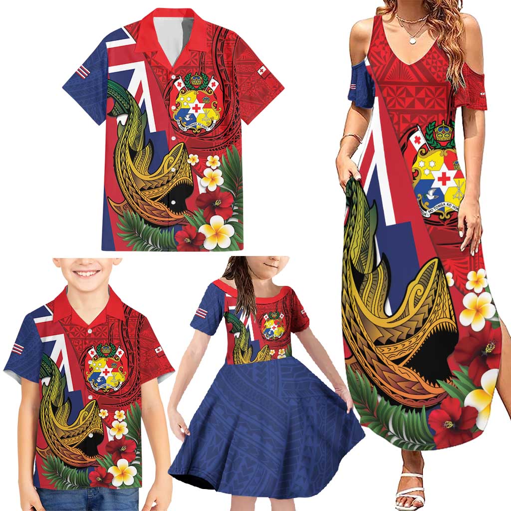 Hawaii And Tonga Family Matching Summer Maxi Dress and Hawaiian Shirt Shark Tattoo With Tongan Coat Of Arms