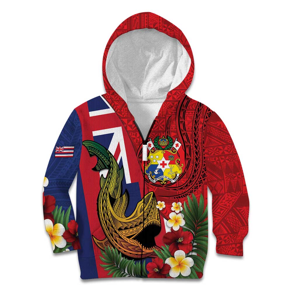 Hawaii And Tonga Kid Hoodie Shark Tattoo With Tongan Coat Of Arms LT14 Zip Hoodie Red - Polynesian Pride