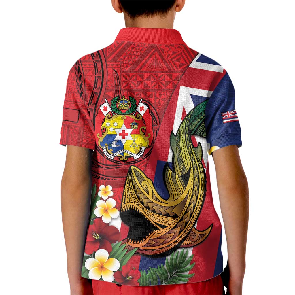 Hawaii And Tonga Kid Polo Shirt Shark Tattoo With Tongan Coat Of Arms LT14 - Polynesian Pride
