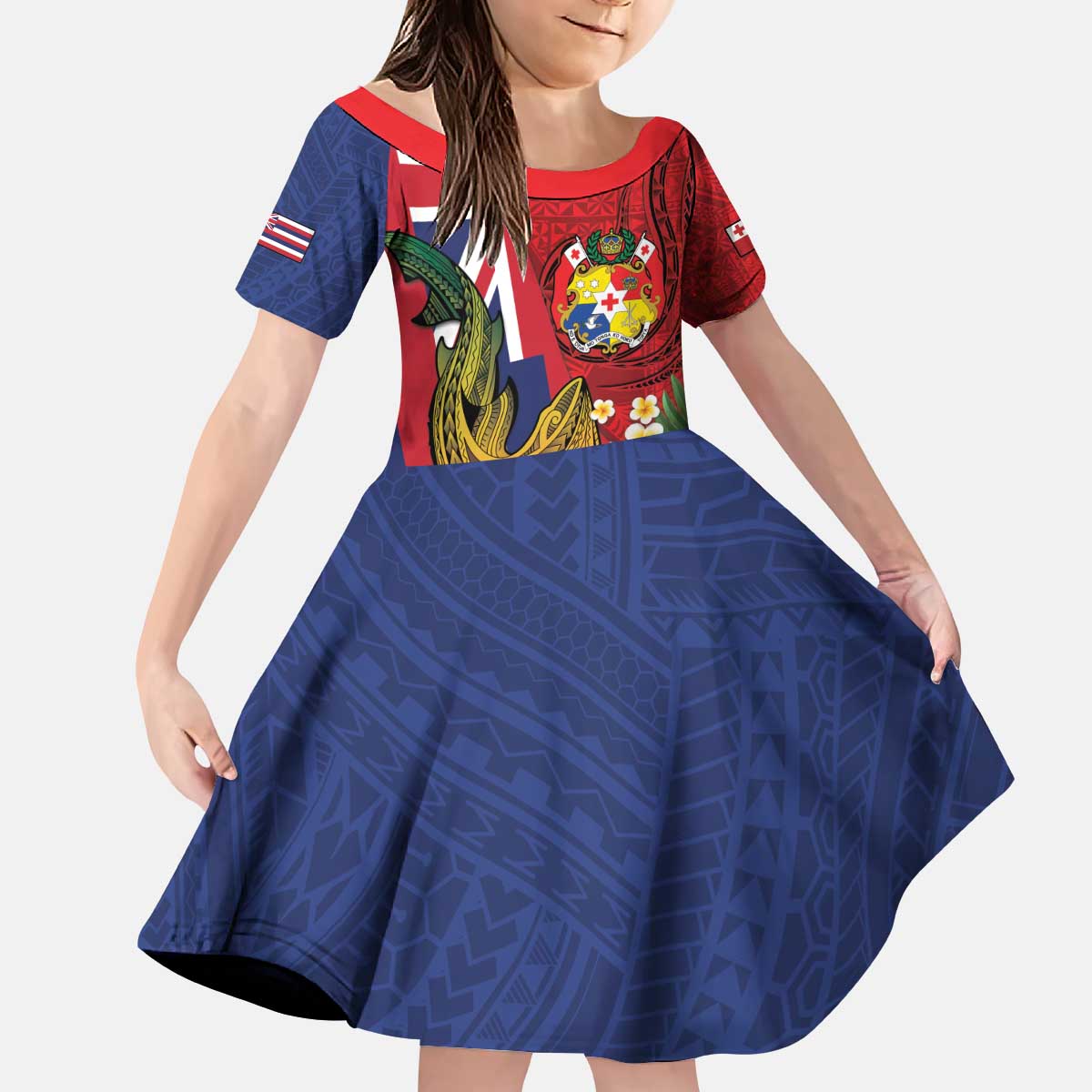 Hawaii And Tonga Kid Short Sleeve Dress Shark Tattoo With Tongan Coat Of Arms LT14 KID Red - Polynesian Pride