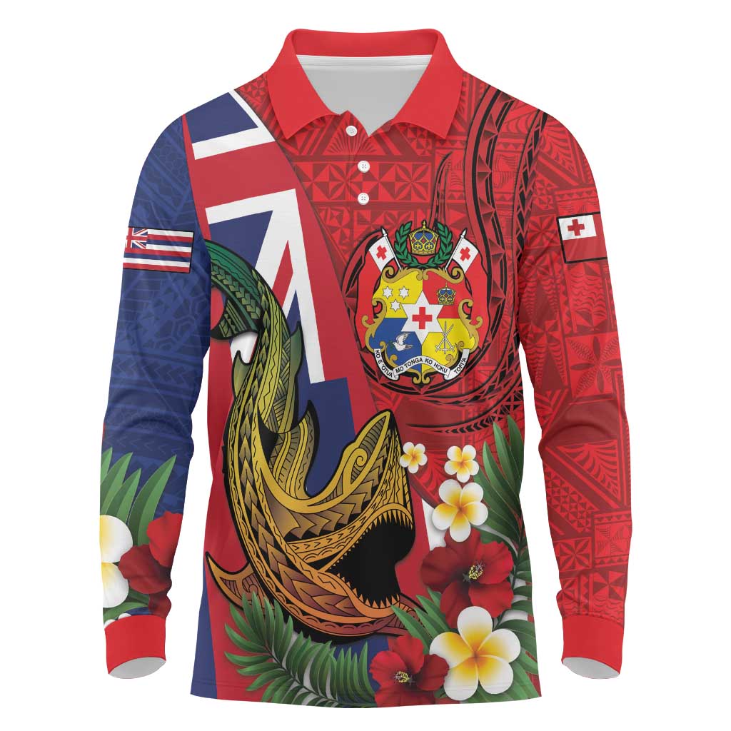 Hawaii And Tonga Long Sleeve Polo Shirt Shark Tattoo With Tongan Coat Of Arms LT14 Red - Polynesian Pride